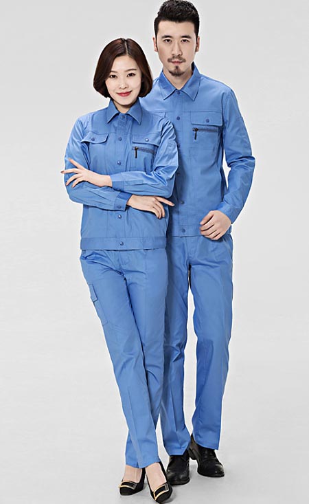 天藍(lán)色長(zhǎng)袖工作服套裝定做款式模板圖二